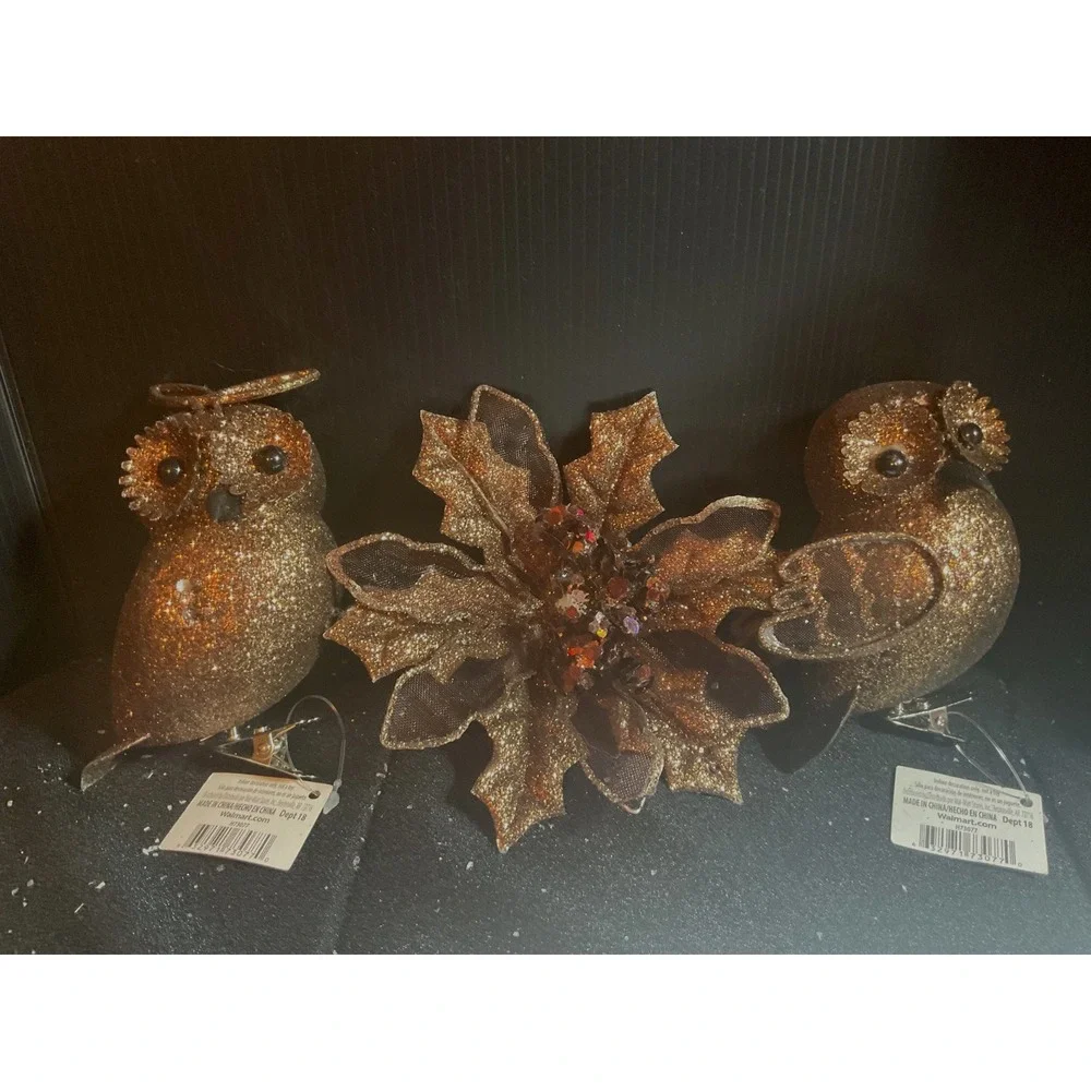 3 pieces 2 Bronze glitter Owls & 1 Floral Poinsettia Clip-on Ornaments